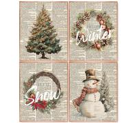 laveliabel Vintage Christmas Wall Art Prints Set of 4 Unframed, Hello Winter Xmas Tree Wreath Wall Decor, Snowman Posters, Let It Snow Christmas Poster Prints for Home Room Walls Decor 8x10inches