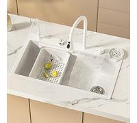 Lavello da cucina a cascata in Acciaio INOX Bianco, con UNA vasca, da incasso, con rubinetto e accessori, Design da postazione di lavoro. Dimensioni: 68x45 cm.
