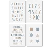 LAVEMA Pictures Children's Room Boy Poster Numbers Letters ABC Shapes Poster A4 without Picture Frame Decorative Pictures Learning Baby Room Boys Blue Grey Learning Poster Alphabet Preschool