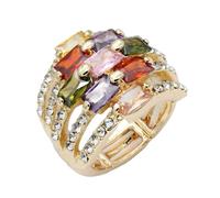 Lavencious Women's Statement Stretch Ring - Gold and SilverTone Multi-Row Band with Baguette Cut Crystals and Pave Rhinestones, Flexible Elastic Comfort Fit Fashion Cocktail Ring, Size 7-9, Crystal