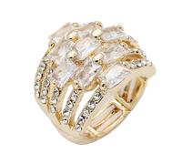 Lavencious Women's Statement Stretch Ring - Gold and SilverTone Multi-Row Band with Baguette Cut Crystals and Pave Rhinestones, Flexible Elastic Comfort Fit Fashion Cocktail Ring, Size 7-9, Crystal