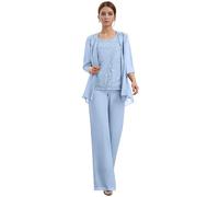 Lavender 3 Pieces Chiffon Mother of The Bride Pant Suits Lace Appliques Formal Pantsuit for Wedding Guest - Women’s Mother of Groom Trouser Suits Outfits with Jacket Size UK14