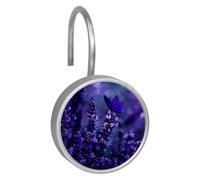 Lavender Butterfly Flowers Purple Floral (2) Crystal Glass Shower Curtain Hooks Rings Decorative Bathroom Decor - Set of 12