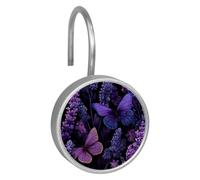 Lavender Butterfly Flowers Purple Floral (5) Shower Curtain Hooks - Set of 12 Shower Curtain Rings - Shower Hooks for Bathroom Shower Rods Curtains and Liners