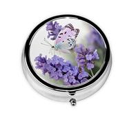 Lavender Butterfly Printed Round Pill Organizer with 3 Compartments, Portable Mini Pill Box Pill Case for Medicine, Vitamin, Fish Oil, Supplements