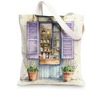 Lavender Canvas Bags, Vintage Floral Window Design Reusable Shopping Bags Lightweight Washable with Shoulder Strap, Lavender, 13x15 Inch