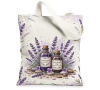 Lavender Canvas Tote Bag for Women, Aromatherapy Natural Essence Calming Oil Spring Violet Washable Reusable Small Tote Bags for Shopping Brunch Park Library Day Trips 13x15 Inch