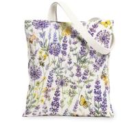 Lavender Canvas Tote Bag for Women, Spring Floral Butterfly Bee Spring Violet Washable Reusable Everyday Tote Bag Ideas for, Violet, 13x15 Inch