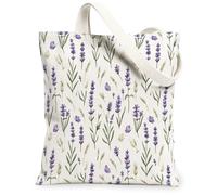 Lavender Canvas Tote Bag for Women, Spring Floral Butterfly Wheat Spring Violet Washable Reusable Grocery Bag Ideas for Out, Violet, 13x15 Inch