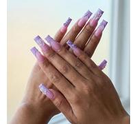 Lavender Coffin Press On Nails with 3D Floral Glossy Ombre - Long Stick On False Nails for Women, Purple to Pink Manicure Set with Gem Centres for Parties Dates Everyday Wear