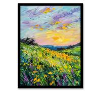 Lavender Daffodil Meadow Sunset Oil Painting Framed Art Print Artery8 Green W12 inch x H16 inch