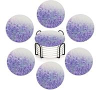 Lavender Field 6Pack Ceramic Drink Coasters,Quick-Absorb Stone Coasters with Anti-Slip Cork Backing & Metal Holder, Table Protectors for Kitchen Bar