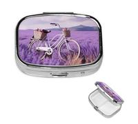 Lavender Field Bike Pill Box 2 Compartment Square Portable Pill Case for Pocket or Purse Pill Holder Weekly Pill Organizer Decorative Metal Medicine Vitamin Organizer Travel Gift