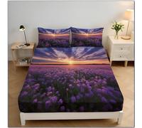 Lavender Field King Size Fitted Sheet 150x200x30 cm, Landscape Realism Microfiber Fitted Bed Sheets Soft Breathable Bedding with Extra Deep Pocket 30 Cm, Purple