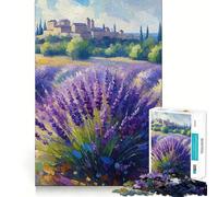 Lavender Field Painting with Distant Village Jigsaw Puzzles 1000 Piece for Adults Stress Less Stress Relief Home Enjoyable Night Activity (38x26cm)