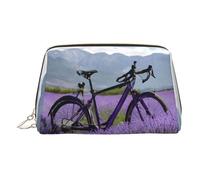 Lavender Field Retro Bike Agriculture Print Makeup Bag, Cosmetic Bag,Women Pu Leather Cosmetic Bags with Wrist Strap Travel Toiletry Pouch Makeup Bag
