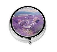 Lavender Field Retro Bike Agriculture Printed Round Pill Organizer with 3 Compartments, Portable Mini Pill Box Pill Case for Medicine, Vitamin, Fish Oil, Supplements
