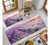 Lavender Fields Kitchen Rug 2 Piece Set, Oil Painting Style Non-Slip Washable Runner Rug, Light Purple Kitchen Floor Mat for Kitchen Home Office Sink - 43x75cm+43x150cm