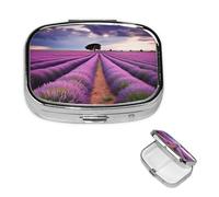 Lavender Fields Pill Box 2 Compartment Square Portable Pill Case for Pocket or Purse Pill Holder Weekly Pill Organizer Decorative Metal Medicine Vitamin Organizer Travel Gift