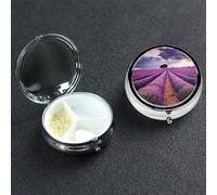 Lavender Fields Pill Box 3 Compartment Round Portable Pill Case for Pocket or Purse Pill Holder Weekly Pill Organizer Decorative Metal Medicine Vitamin Organizer Travel Gift