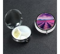 Lavender Fields Pill Box with Mirror 3 Compartment Decorative Pill Case for Purse or Pocket Small Round Pill Organizer Weekly Metal Medicine Tablet Vitamin Holder Travel Gift
