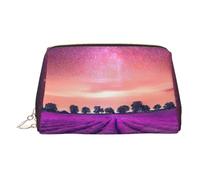 Lavender Fields Print Leather Cosmetic Pouch, Leather Makeup Bag for Purse with Top Zip Closure Stylish Toiletry Bag