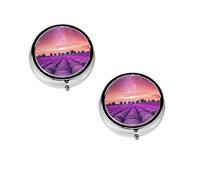 (Lavender Fields) Round Pill Box with 3 Compartment Small Pill Organizer Portable Pill Case Vitamin Containers, Travel Essentials 4.6x4.6x1.8 cm