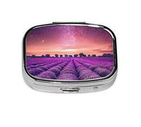 (Lavender Fields) Square Pill Box with 2 Compartment Small Pill Organizer Portable Pill Case Vitamin Containers, Travel Essentials 5.5x4x1.8 cm