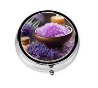 Lavender Flower and Spa Salt Printed Round Pill Organizer with 3 Compartments, Portable Mini Pill Box Pill Case for Medicine, Vitamin, Fish Oil, Supplements