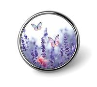 Lavender Flower Background with Butterflies And Flowers Lapel Pins Metal Pin Badge Personalized Pinback Button Badges Classic Round Badge Recognition Enamel Lapel Pin for Jackets, Backpacks, Bags