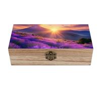 Lavender Flower Mountain Landscape Spring Wooden Box with Hinged Lid Decorative Storage Box for Jewelry Earrings