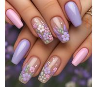 Lavender French Tip False Nails with Floral Artwork & Sheer Nude Base - Elegant Square Press-on Nails for Spring Summer, 12 Sizes Glossy Finish Romantic Garden Design Manicure Set