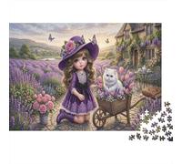 Lavender Girl And Cat 1000 Pcs Recycled Cardboard DIY Jigsaw Puzzle Gift English Countryside for Couples Date Night Group Activity Cognitive Stimulation 52x38cm/1000pcs