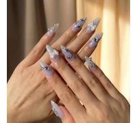Lavender Glitter Stiletto Artificial Nails Long Almond Shape 24PCS - Purple Ombre Design with 3D Stars Moons White Bows Rhinestones Glossy Finish for Glamorous Manicure, Celestial Theme Party Ready