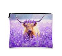 Lavender Highland Cow Makeup Bag, Artistic Floral Cosmetic Travel Pouch for Women, Portable Canvas Zipper Organizer, Perfect Choice for Spring Festivals, Violet, 7x9 Inch, Highland Cow