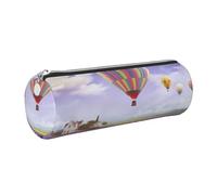 Lavender Hot Air Balloon Printed Cylindrical Leather Pencil Case for Girls Boys, Silver Zipper Pencil Bag Pen Pouch Organizer for Student School Office College
