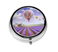 Lavender Hot Air Balloon Printed Round Pill Organizer with 3 Compartments, Portable Mini Pill Box Pill Case for Medicine, Vitamin, Fish Oil, Supplements