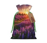 Lavender Meadow at Sunset Christmas Gift Bags Drawstring Bags with Tags Christmas Gift Bags with Green Christmas Ribbon Reusable Gift Bag Cloth Gift Bags for