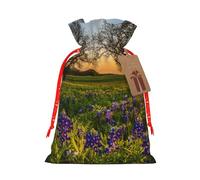 (Lavender Meadow At Sunset Spring) Christmas Burlap Gift Bags, Eco-Friendly Polyester Drawstring Pouches For Holiday, Birthday & Party Gift Packaging S