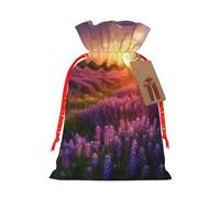 Lavender Meadow at Sunset Spring Christmas Drawstring Gift Bags with Tags, Xmas Gift Bags with Red Christmas Ribbon, Reusable Gift Wrapping Bag Fabric Goody Gift Sacks for Party Presents Decorations