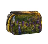 Lavender Meadow at Sunset Spring Flip-Top Double-Layer Pencil Case,Large Capacity (Holds 50 Pens/Pencis),Full-Print Durable Polyester School Office Supplies