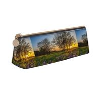 Lavender Meadow At Sunset Spring Print Triangle Pencil Case Leather Pen Pouch Cosmetics Bags Desk Stationery Organizer Box Holder For Office Women Men