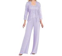 Lavender Mother of The Bride Trouser Suits Petite 3 Pieces Ladies Wedding Guest Outfits Lace Chiffon Plus Size Trouser Suits Size 24
