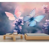 Lavender Mural Butterfly Wallpaper Romantic Flowers Wall Mural Giant Home Living Room Dining Room Wall Decor Poster (Non-self-Adhesive)