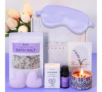 Lavender Pamper Gifts For Women,Birthday Pamper Hamper Mum Self Care Gift Set Relaxation Bath Gift Care Package For Her,Relax Spa Gift With Essential Oil,Bath Bomb,Bath Salt,Candle,Sleep Mask,Card