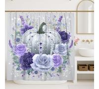 Lavender Pumpkin Shower Curtain, Elegant Violet Floral Bathroom Decor, Autumn Winter Modern Chic Waterproof Fabric Shower Curtain with Hooks 72x84 Inch