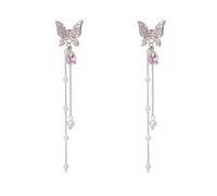 Lavender Purple Butterfly Earrings for Women Long Tassel Crystal Rhinestone Butterfly Dangle Earrings Rapunzel Fairy Costume Dress Accessories, Alloy Steel, No Gemstone