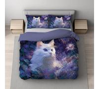 Lavender Purple Duvet Cover Set 3 Pcs - Hotel quality Fade resistant Bedding With Pillow Cases Easy Care Duvet Cover - Close-Up Cat Flowerbed Fantasy (220 x 260 + 2 x 50 x 80)