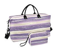 Lavender Purple Ivory White Stripe Pattern Doodle Art Decorative Travel Overnight Carry on Bag Tote Bag with Adjustable Strap for Yoga 2 Pcs Set Bolsa de para Hombre