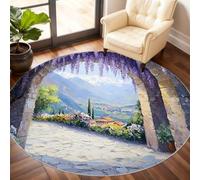 Lavender Round Rugs for Dining Table, Countryside Scenery Rug 120cm, Mediterranean Scenery Circle Rug, Washable Round Area Rugs for Living Room Bedroom Under the Sofa